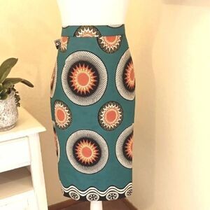African Wax Print Teal Skirt with Sunburst Pattern